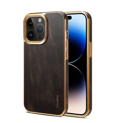 Leather phone case in vintage oil wax leather, handmade for iPhone 12 to 15 Ultra models, showing slim design and 360-degree protection.
