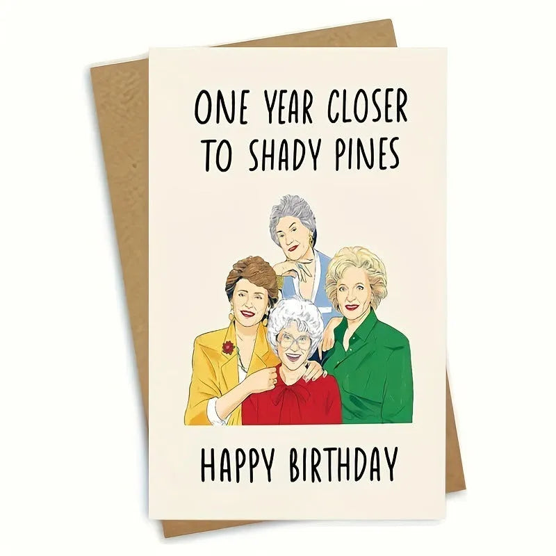 Simple modern birthday greeting card with choice of coloured envelopes: yellow, purple, pink, red, and kraft paper.