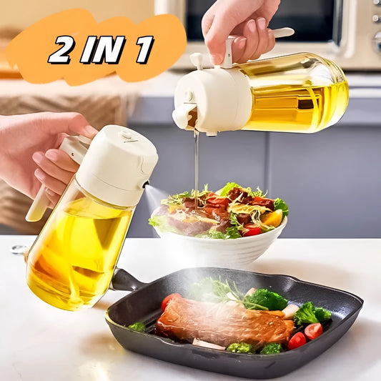 470ml glass olive oil sprayer and pour bottle with ergonomic handle in beige, yellow, green, and black colour options.