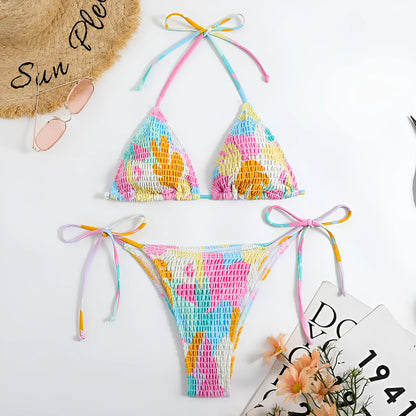Women's triangle bag bikini swimsuit with floral gradient print and smocking craft detail