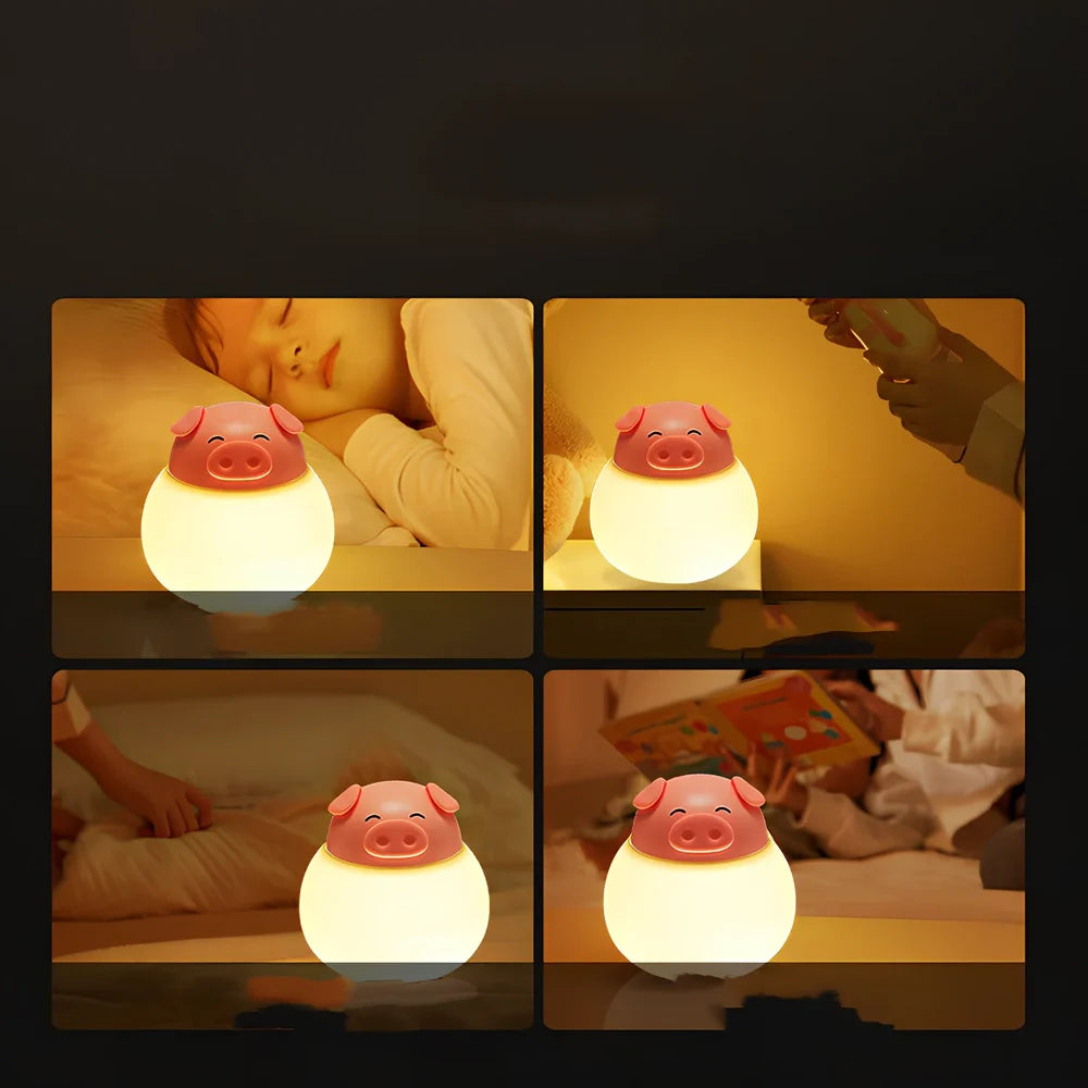 Pink silicone pig-shaped bedside lamp with adjustable lighting on wooden table