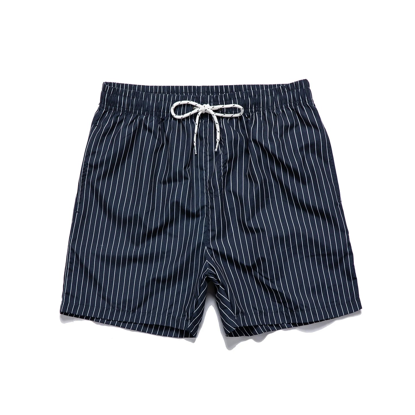 Pair of grey striped polyester shorts with a straight leg cut on a mannequin