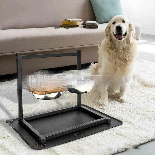 Black iron elevated dog food and water bowl stand with rack, 42 cm long by 40 cm high.