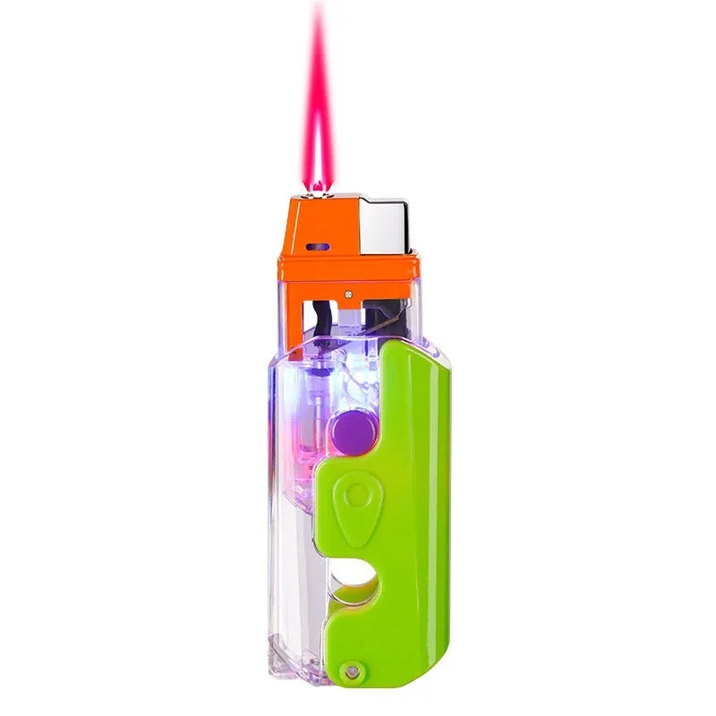 Plastic windproof lighter in orange, purple, or green colour, modern simple bare metal design with cute aesthetic for everyday use.