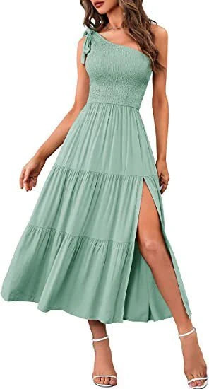 Stunning one-shoulder dress with pleated, asymmetrical hemline and side slits