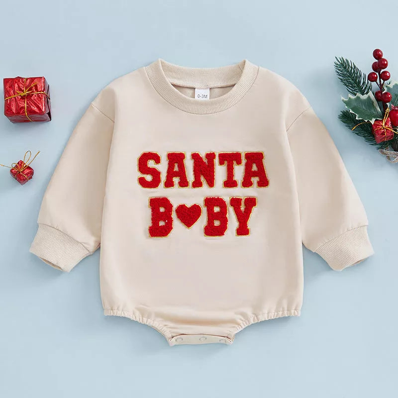 Christmas-themed cotton romper with letter embroidery for newborns and toddlers