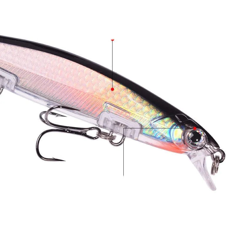 11cm submerged minnow fishing lure with slow-sink tossing action, shown in one of eight available colours.