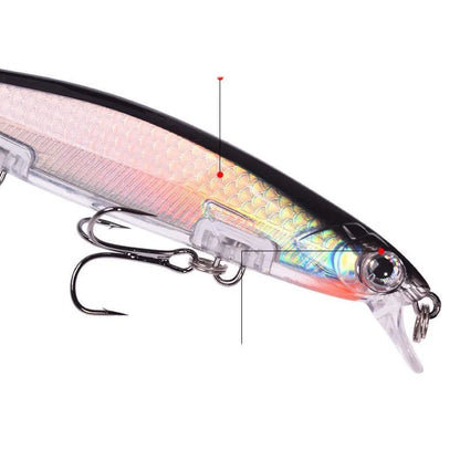 11cm submerged minnow fishing lure with slow-sink tossing action, shown in one of eight available colours.