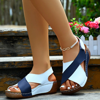 Women's summer wedges sandals with colorblock cross-strap design and thick rubber sole