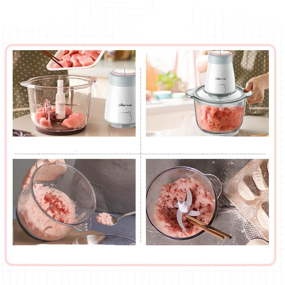 Household electric vegetable chopper blender with glass bowl and stainless steel blade on kitchen counter
