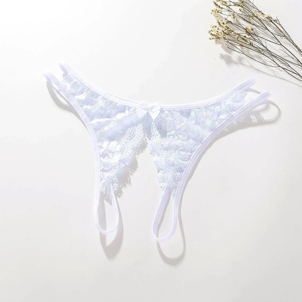 Women's lace thong panties with open crotch design in various colors