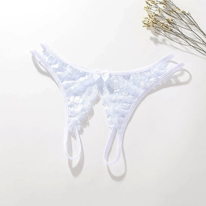 Women's lace thong panties with open crotch design in various colors