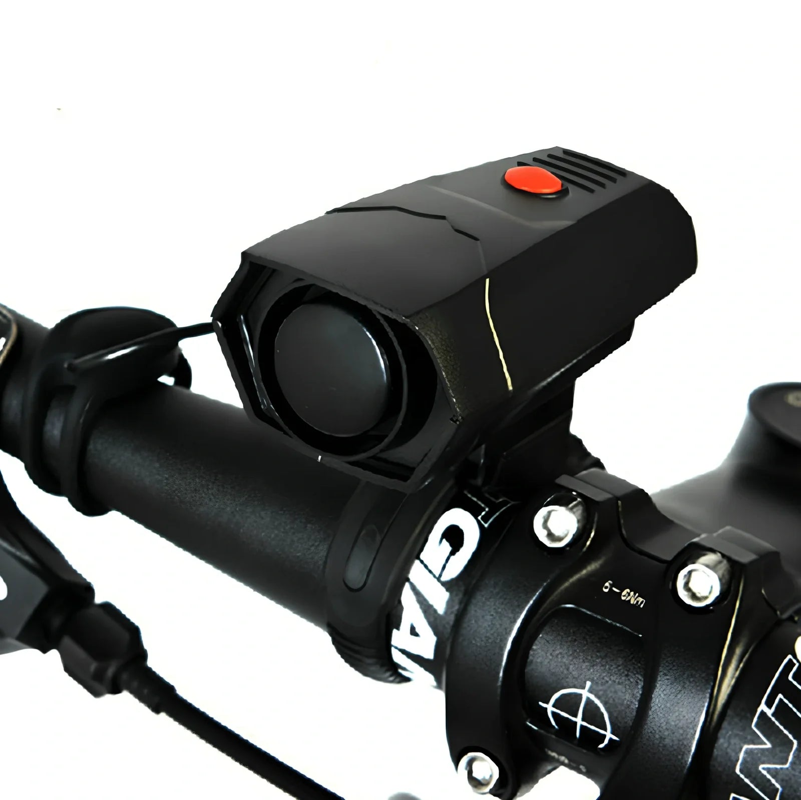 Black bicycle electronic horn measuring 94mm mounted on handlebar