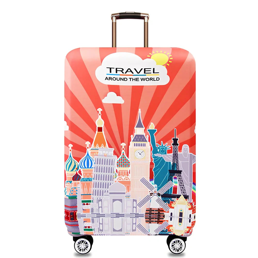 Elastic trolley case cover protecting luggage with polyester fabric, available in multiple sizes and patterns