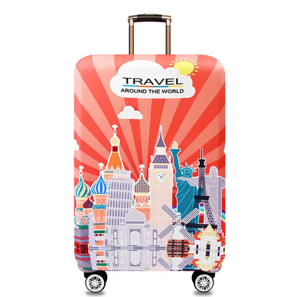 Elastic trolley case cover protecting luggage with polyester fabric, available in multiple sizes and patterns