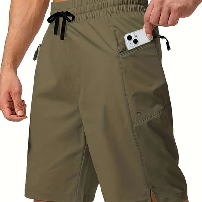 Men's solid-colour quick-drying beach shorts in a straight-leg style on a neutral background.