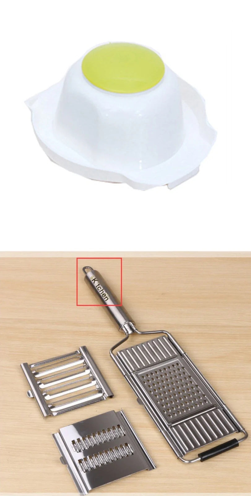 Green mandolin chopper with hand guard, food container, and three blades for safe vegetable slicing