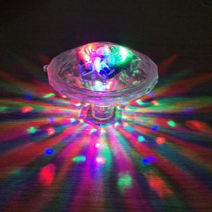 Round water lamp with changing colours submerged in bath, showing blue and purple LED illumination through clear polycarbonate shell