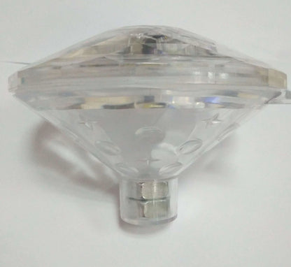 Round water lamp with changing colours submerged in bath, showing blue and purple LED illumination through clear polycarbonate shell