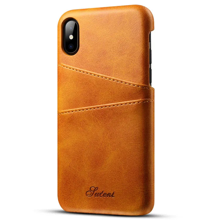 Slim black PU leather wallet case for phone showing two card slots and raised protective edges.