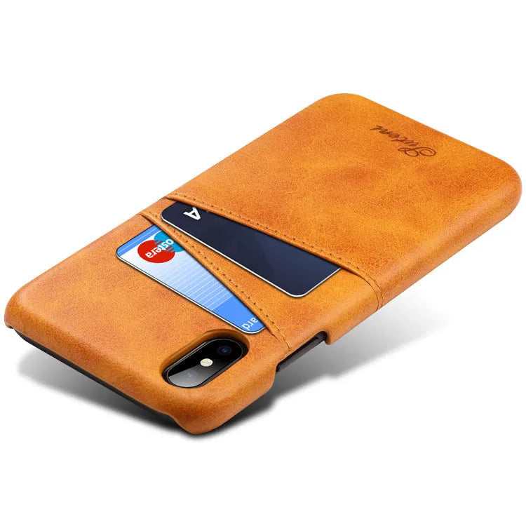 Slim black PU leather wallet case for phone showing two card slots and raised protective edges.