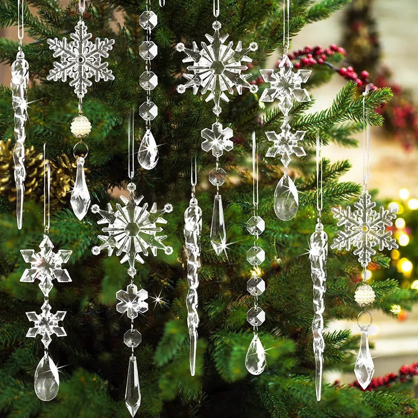 Elegant acrylic icicle ornaments with hanging holes and ribbons, perfect for decorating Christmas trees, fireplaces, and more.