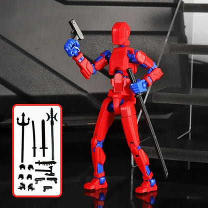 Highly posable 3D printed robot mannequin toy with interchangeable accessories, including wings and weapons