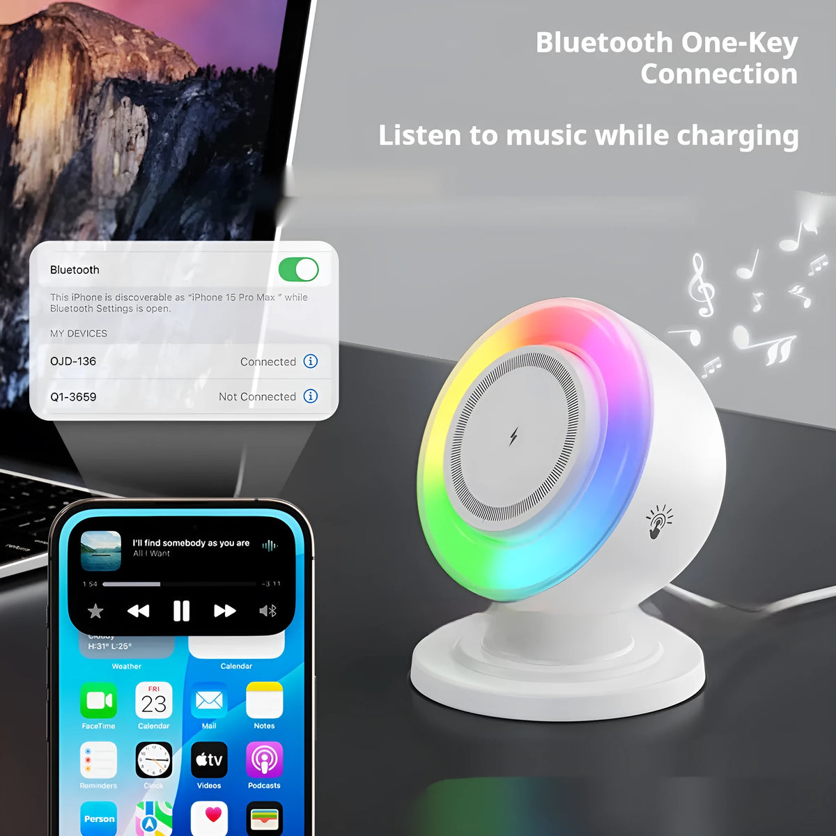 Three-in-one wireless charger with Bluetooth audio and coloured lights, 15W, in black or white