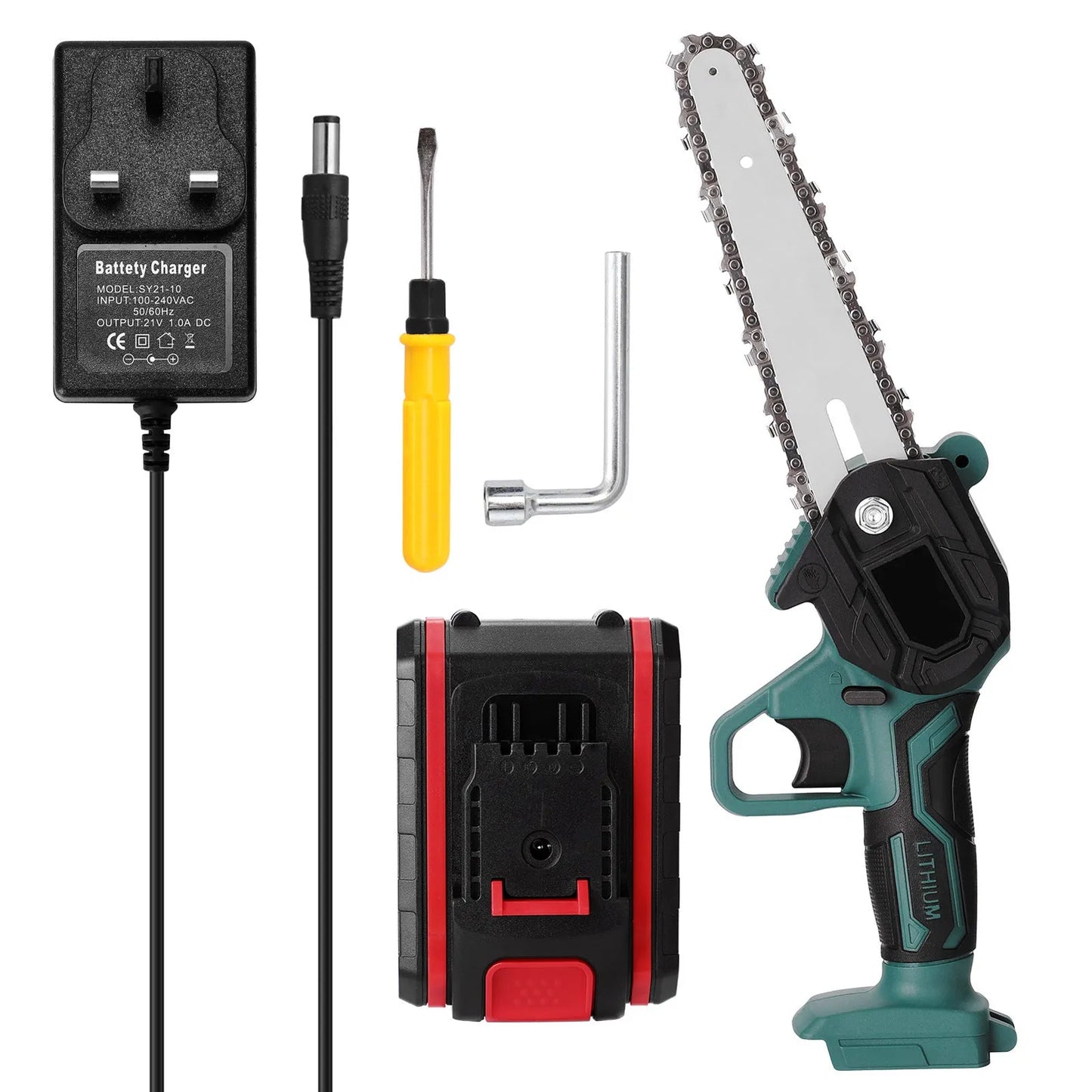 Black one-hand electric chainsaw with 4-inch cutting bar and lithium battery for garden log cutting
