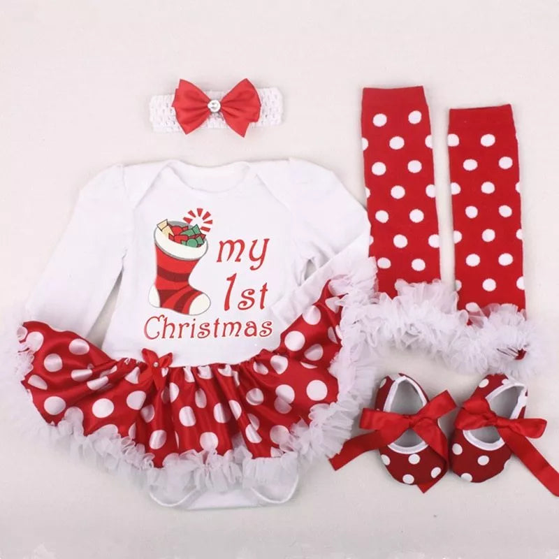 Four-piece Christmas newborn clothing set in natural cotton, including romper, headband, sock, and shoes