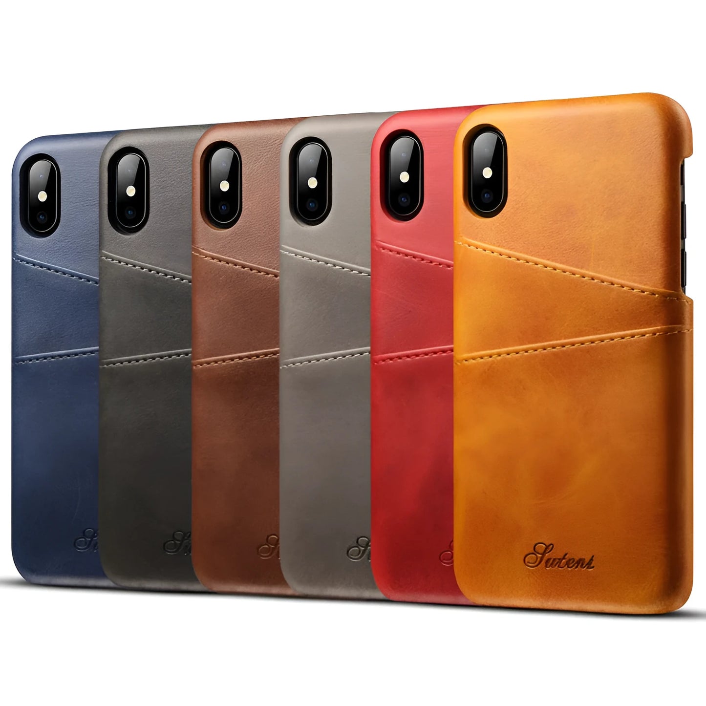 Slim black PU leather wallet case for phone showing two card slots and raised protective edges.