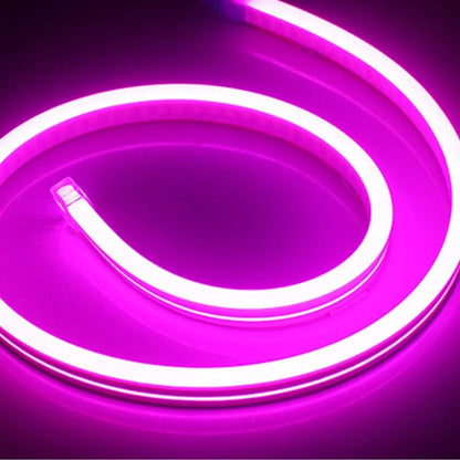 Close-up of flexible blue silicone LED neon strip showing dense LED beads, coiled on a 100-metre reel.