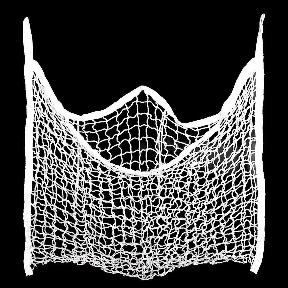 Black woven grid hanging feeding bag for horses, shown against a stable background.