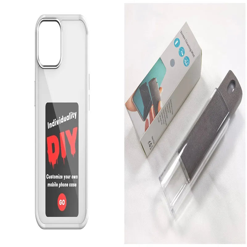 E-ink screen NFC phone case for iPhone with mirror, TPU cover, available in black grey white blue or pink.