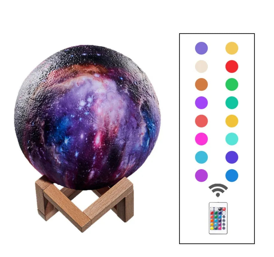 3D-printed spherical lunar night light with LED colours and remote control on a dark surface