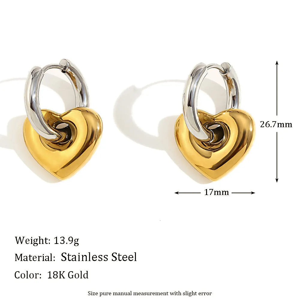 Gold electroplated stainless steel earrings, necklace, and bracelet set with geometric shapes and round ring elements