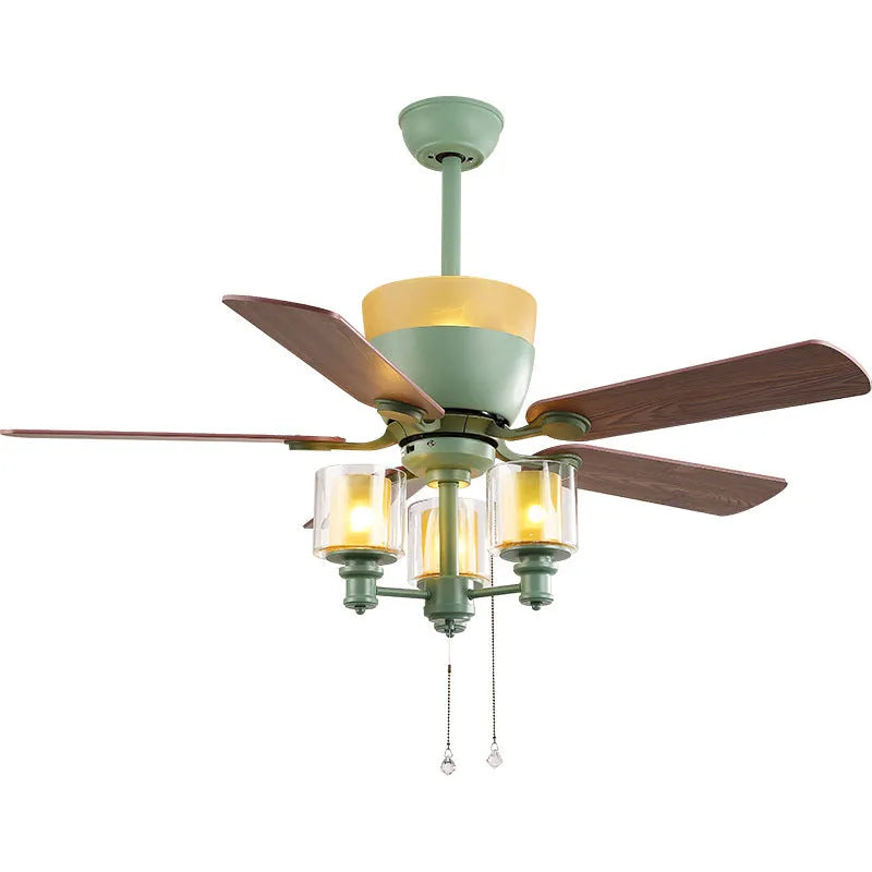 Dark green 120cm ceiling fan lamp with iron, glass and wood leaf construction and three E27 light fittings