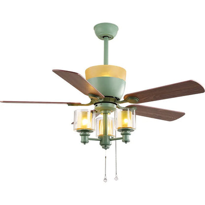 Dark green 120cm ceiling fan lamp with iron, glass and wood leaf construction and three E27 light fittings