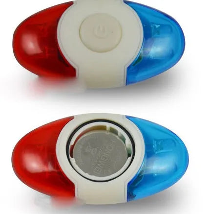 Red and blue LED bicycle tail light with adjustable mounting base showing horizontal and vertical positioning options