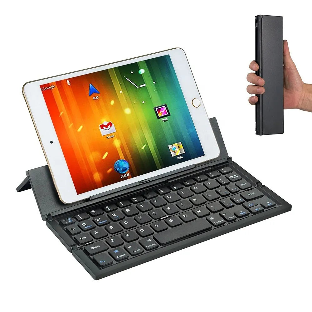 Black folding Bluetooth keyboard for tablets showing compact 5.8-inch size with wrist support extended