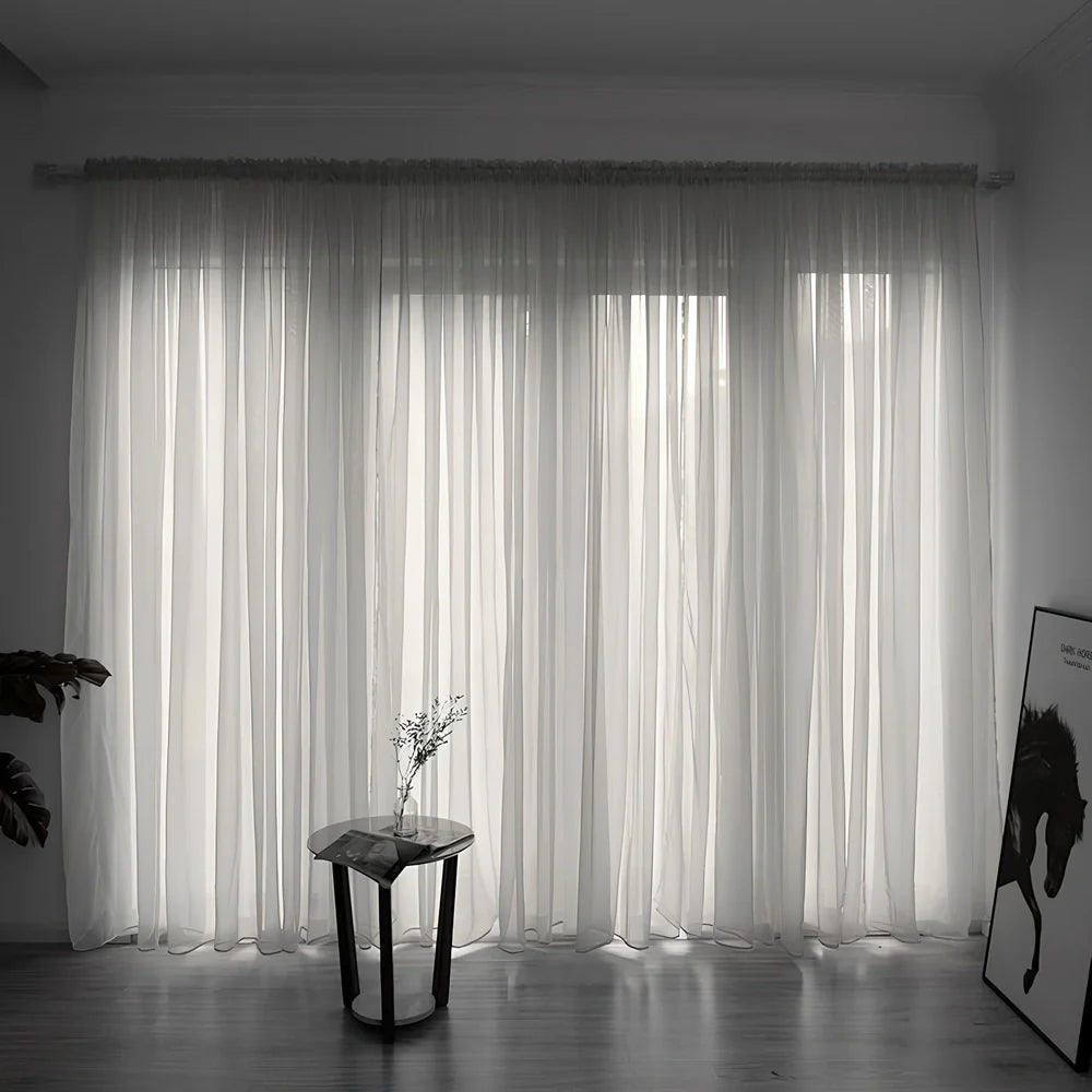 Simple modern balcony solid colour gauze curtain in beige showing light transmission effect
