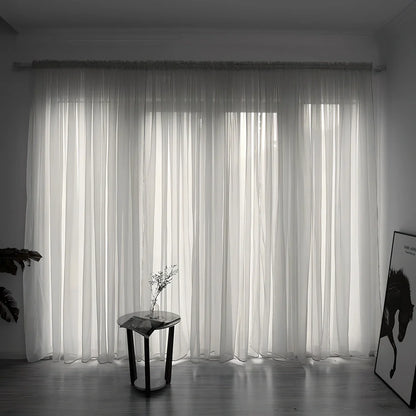Simple modern balcony solid colour gauze curtain in beige showing light transmission effect
