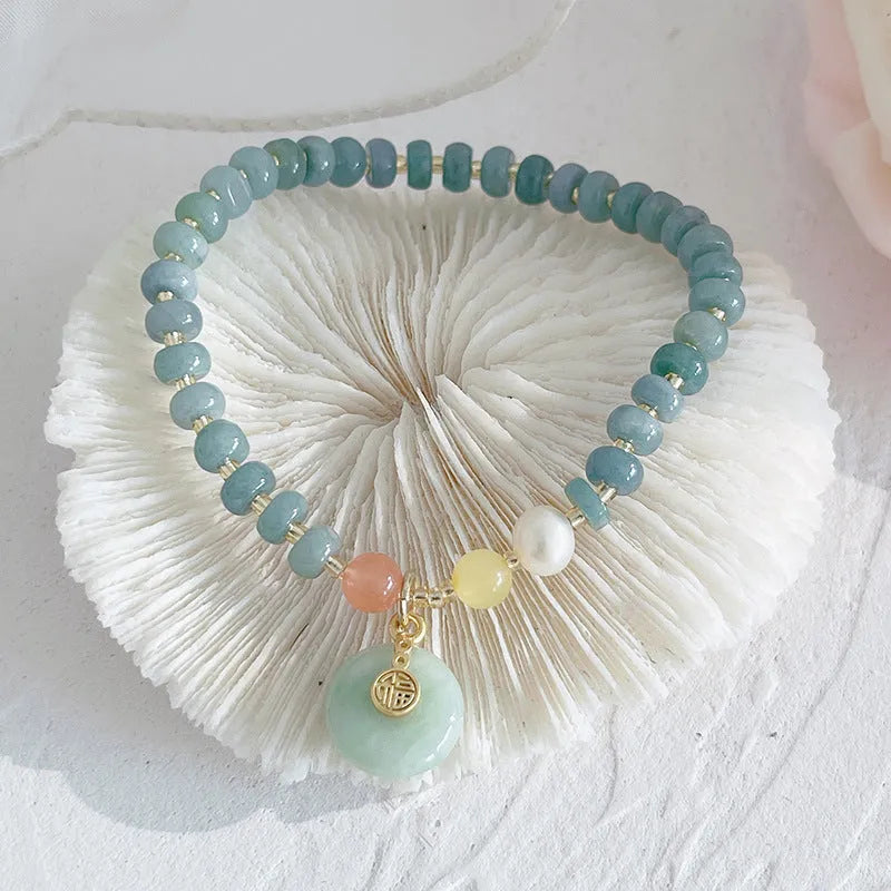 Blue Hetian jade gourd peace buckle bracelet with strawberry quartz beads and adjustable length