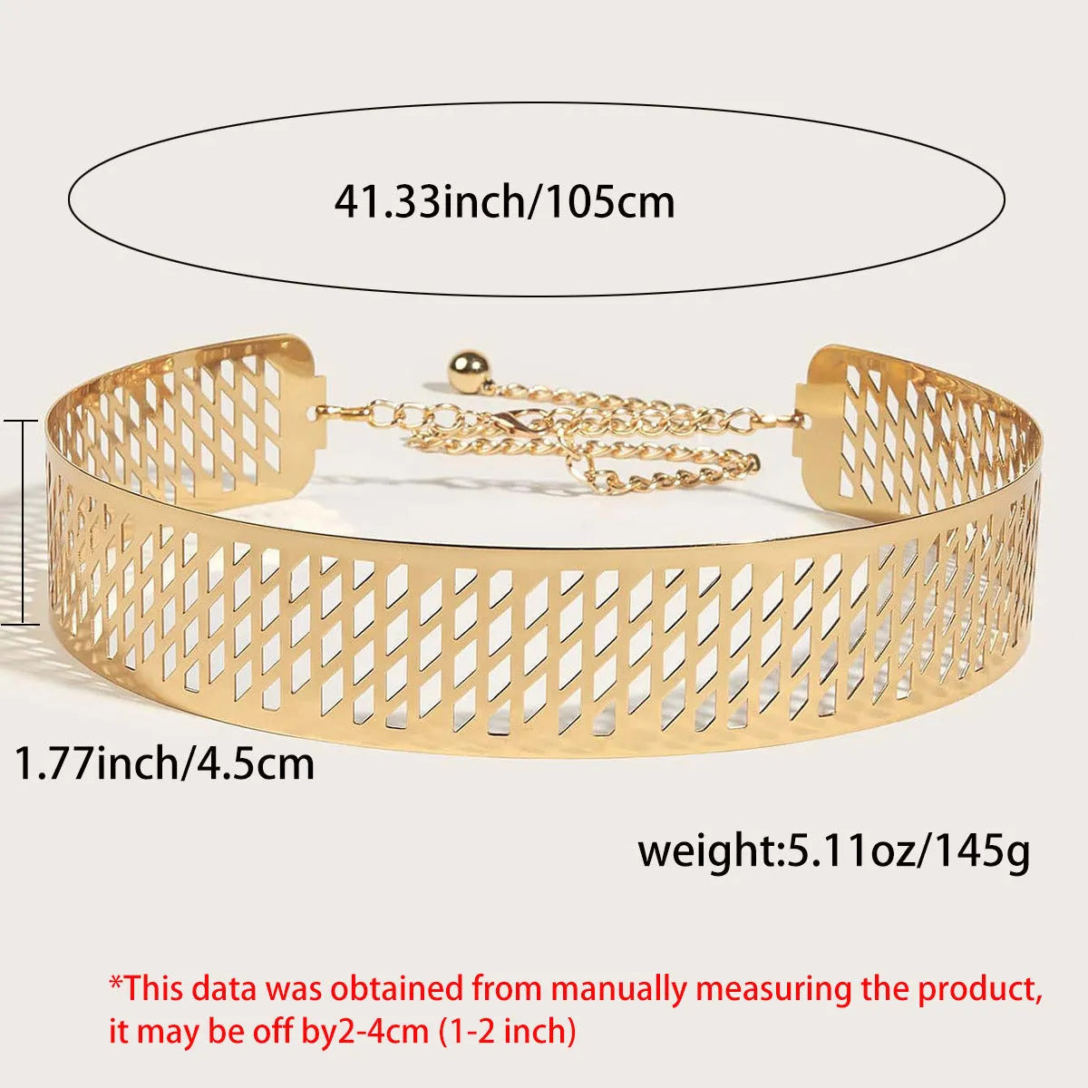 Golden waist belt with lantern floral punch design showing thick 4.5cm width and alloy buckle