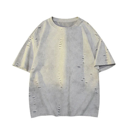 Men's blue loose fit ripped short sleeve cotton blend t-shirt on a hanger