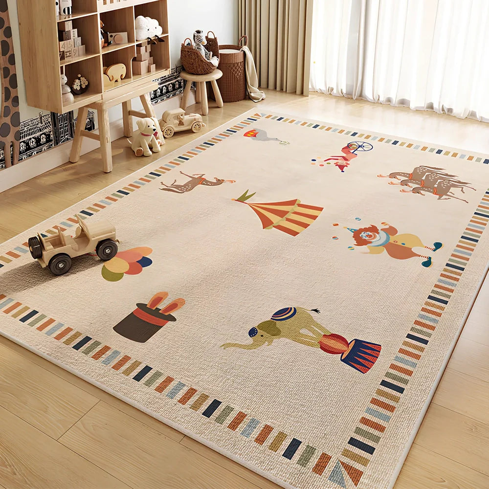 Cartoon animal print geometric pattern polyester carpet available in multiple sizes with hand wash cleaning