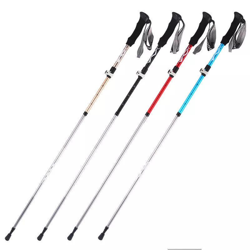 Five-section folding trekking pole in red, blue, black, or gold with adjustable length and diamond tip