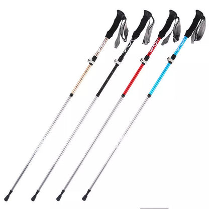 Five-section folding trekking pole in red, blue, black, or gold with adjustable length and diamond tip