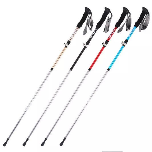 Five-section folding trekking pole in red, blue, black, or gold with adjustable length and diamond tip