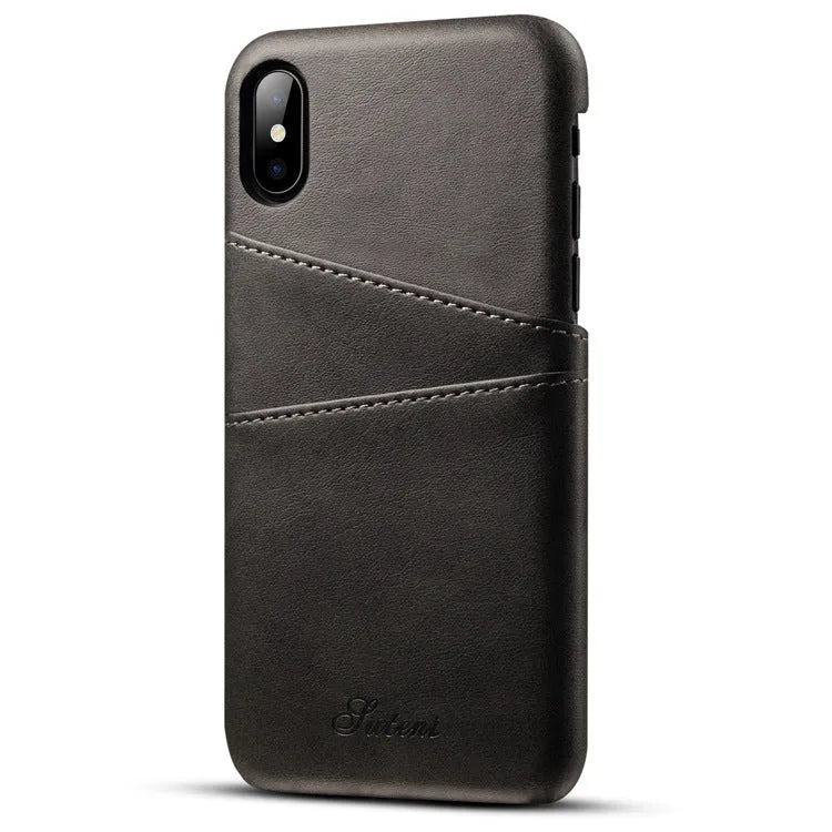 Slim black PU leather wallet case for phone showing two card slots and raised protective edges.
